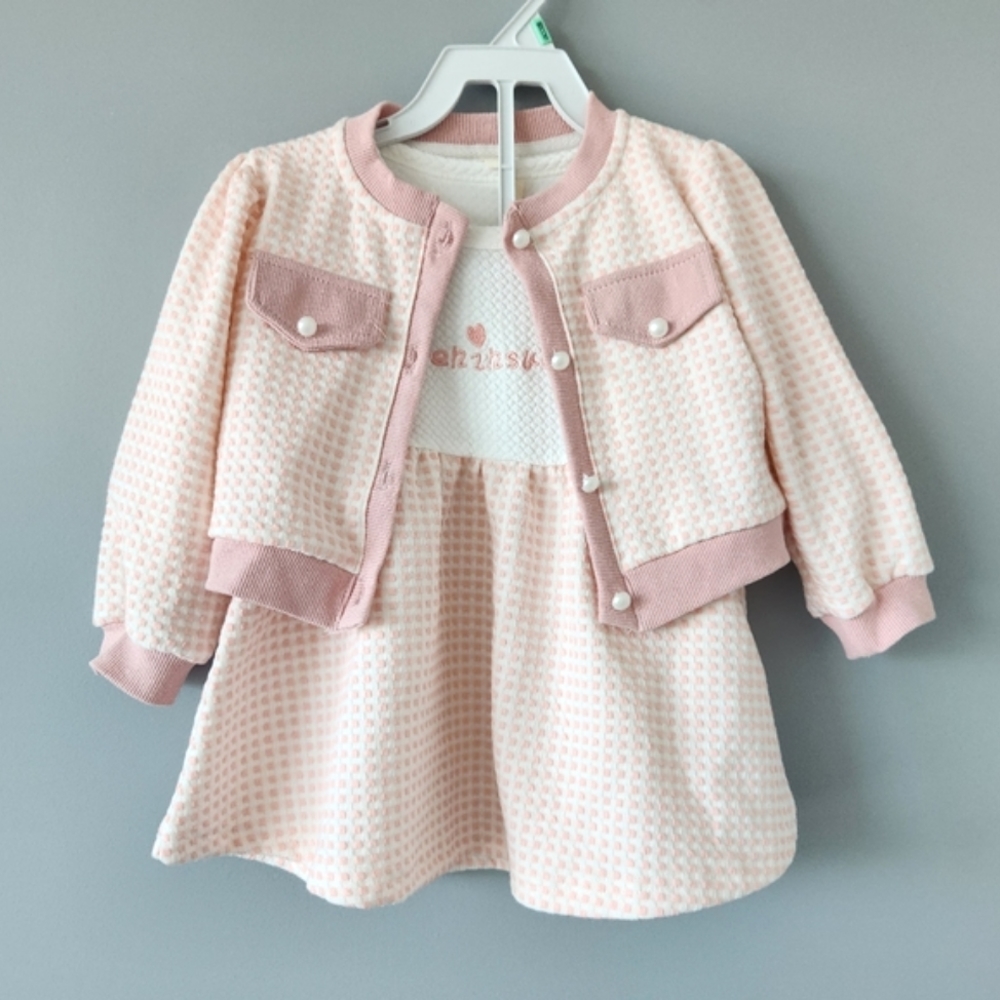 NWOT Pink & White Checkered Plaid Dress & Cardigan Set